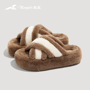 鮀品毛毛拖鞋女2025冬新款厚底增高羊羔毛茸茸鞋子百搭棉拖鞋外穿