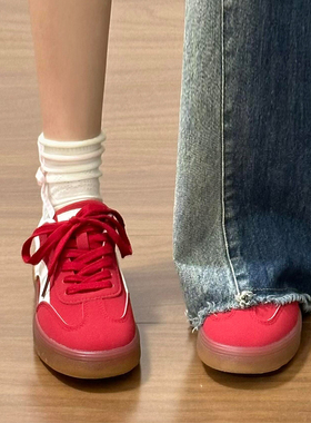 鮀品红色德训鞋女2025冬季新款美式复古鞋子女百搭板鞋休闲运动鞋