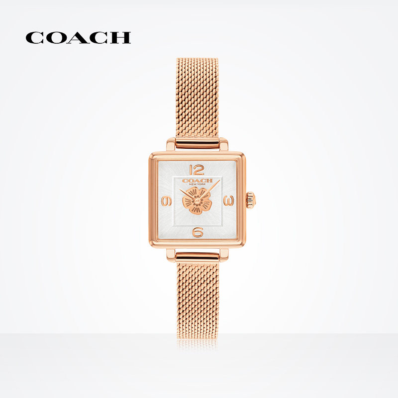 coach/蔻驰cass系列茶玫瑰日晖纹表盘精钢表链石英手表女表小方表