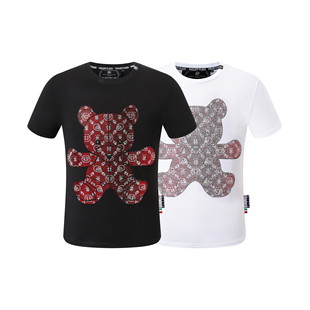 短袖 菲利普普兰T恤卡通烫钻小熊骷髅头字母qp修身 衣服 pp男装 夏季