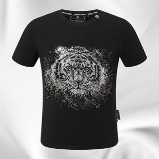 25潮流老虎头烫钻修身百搭个性休闲短袖T恤菲利普pp男装半袖恤衫