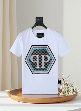 25菲利普潮流修身半袖八角烫钻字母qp背标休闲百搭短袖恤衫pp男装