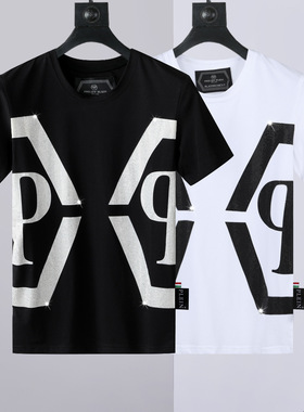 夏季23新款pp男装修身烫钻字母qp菲利普半袖纯棉T恤潮流短袖衣服