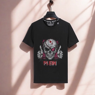 新款 短袖 骷髅头叻手势烫钻字母休闲修身 衣服pp男装 菲利普 半袖 夏季