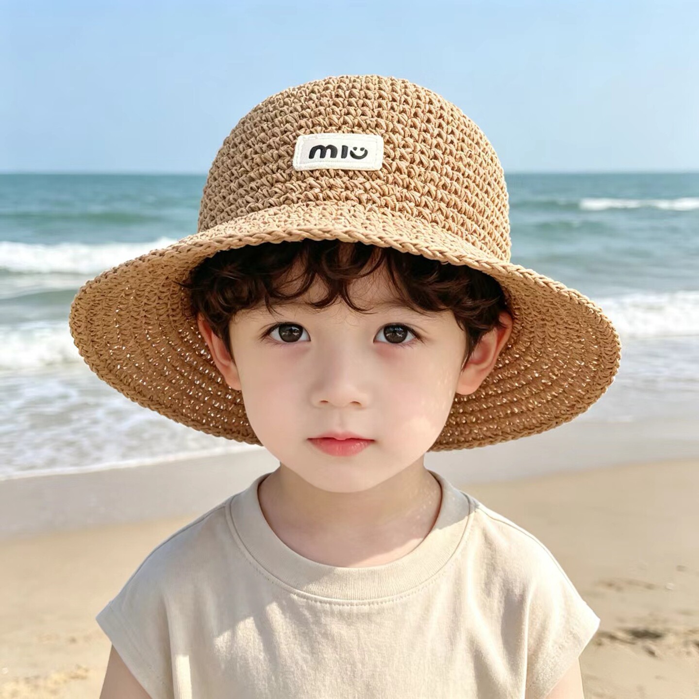 新款儿童草帽夏季男宝宝遮阳帽男童渔夫帽小孩防晒可折叠透气凉帽