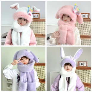 儿童帽子围巾手套三件套冬季加绒加厚宝宝一体帽小孩保暖防风帽子