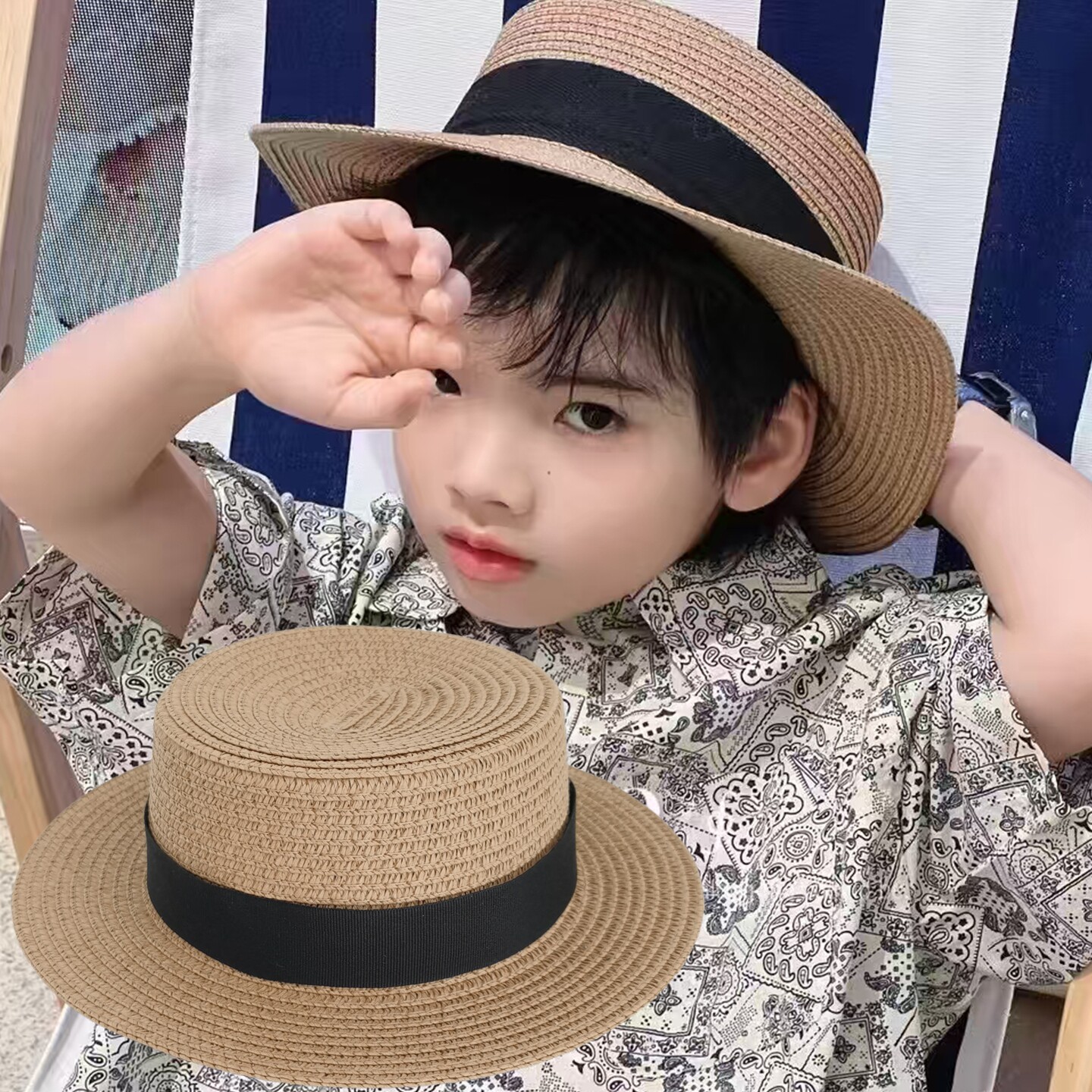 亲子款儿童帽子男童夏季草帽女童沙滩帽男孩出游防晒帽英伦小草帽