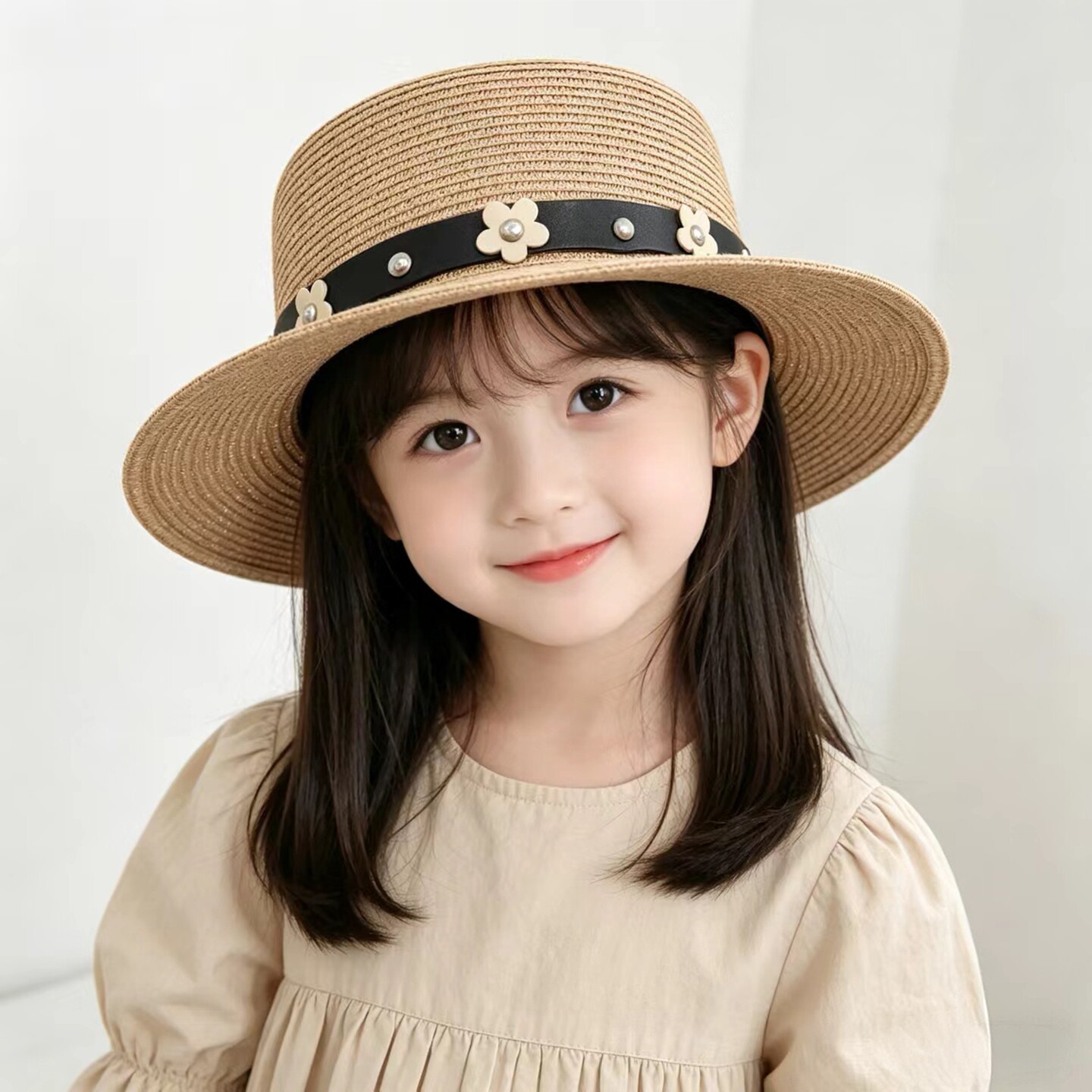 儿童草帽女童夏季海边遮阳帽女孩平沿帽宝宝洋气大帽檐平顶太阳帽