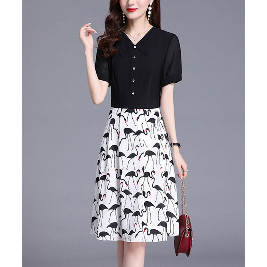 连衣裙女夏季2021年新款女装气质修身显瘦雪纺印花黑色娃娃领裙子在类目 女装/女士精品, 连衣裙中 - 来自Buy2taobao.com提供专业的淘宝代购服务