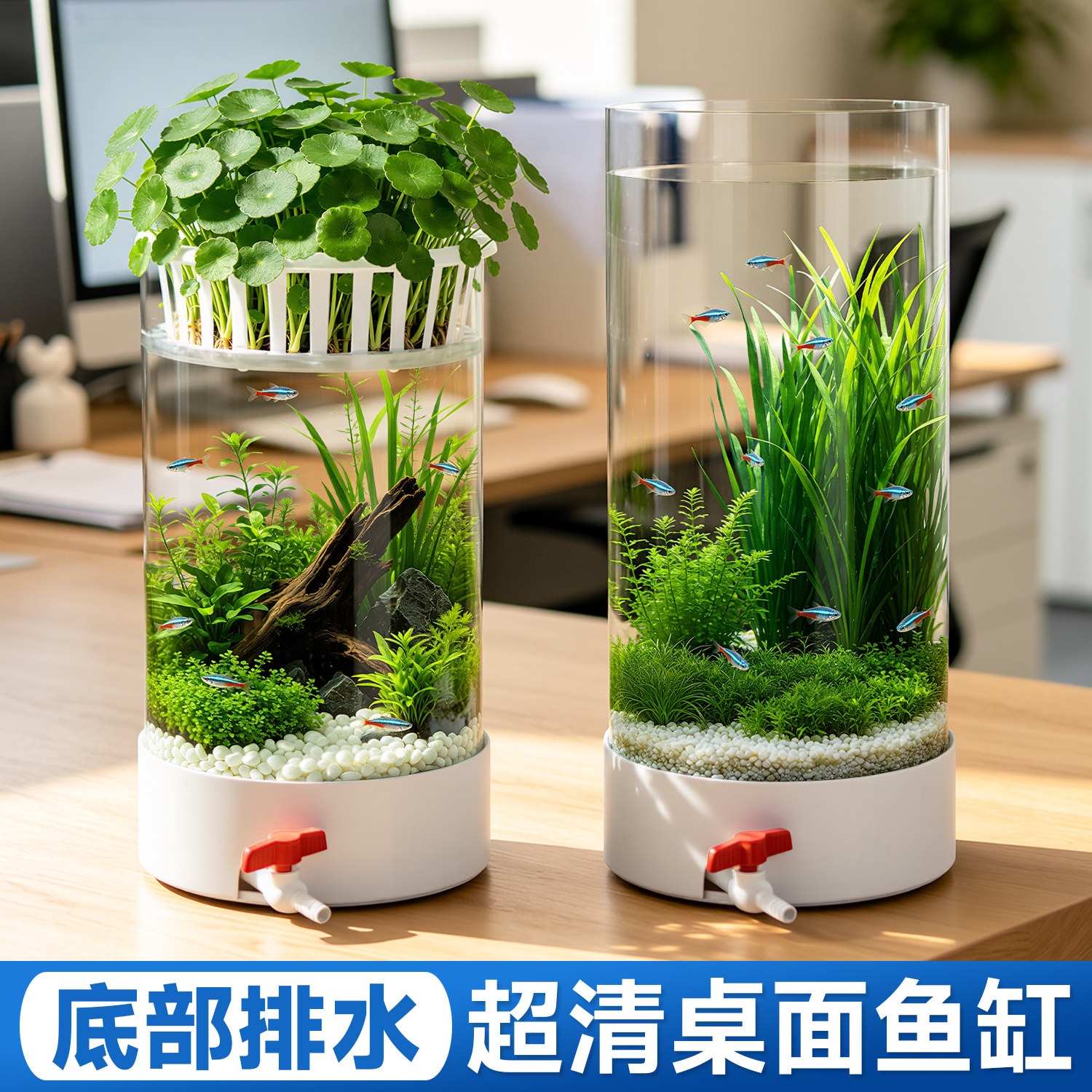 小型创意桌面鱼缸玻璃圆筒形水培植物观赏缸办公室桌面装饰造景缸