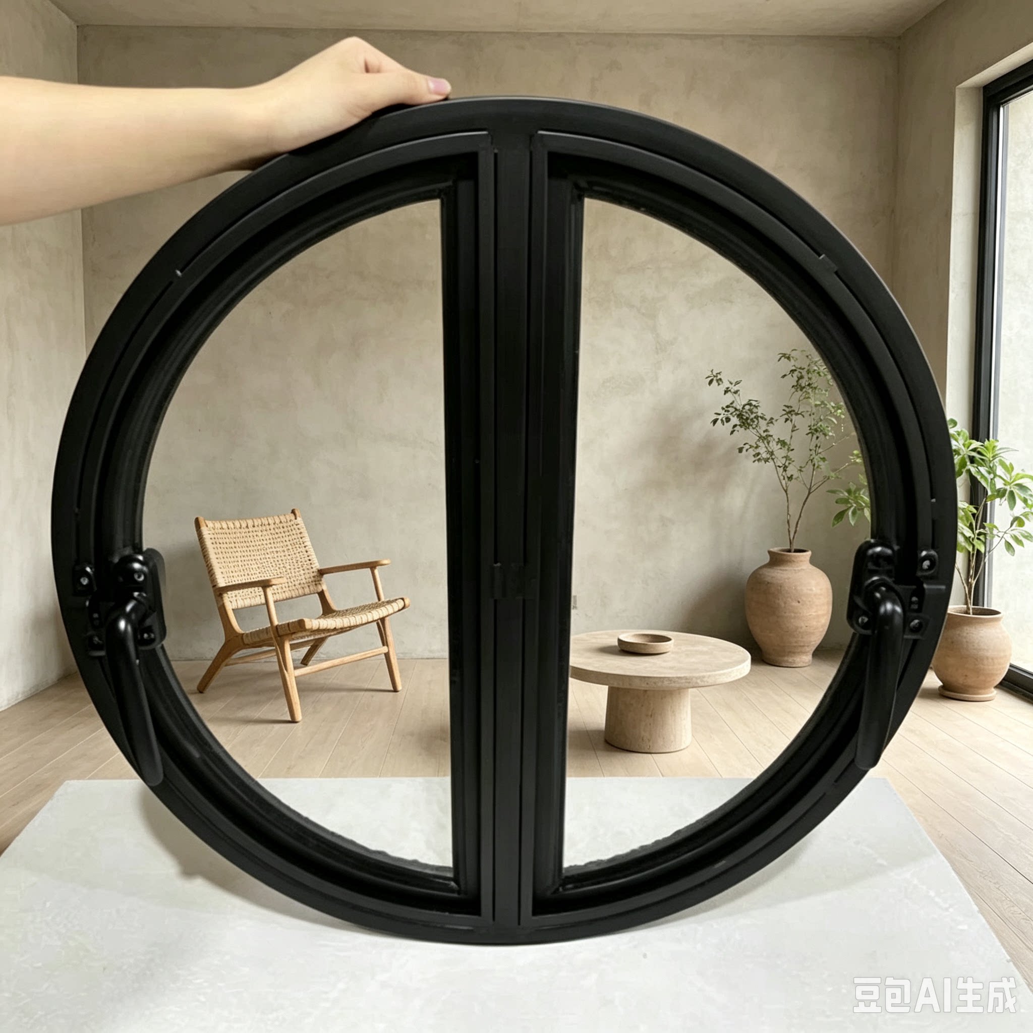 中轴旋转圆窗月亮窗室内防窥圆形铝合金窗