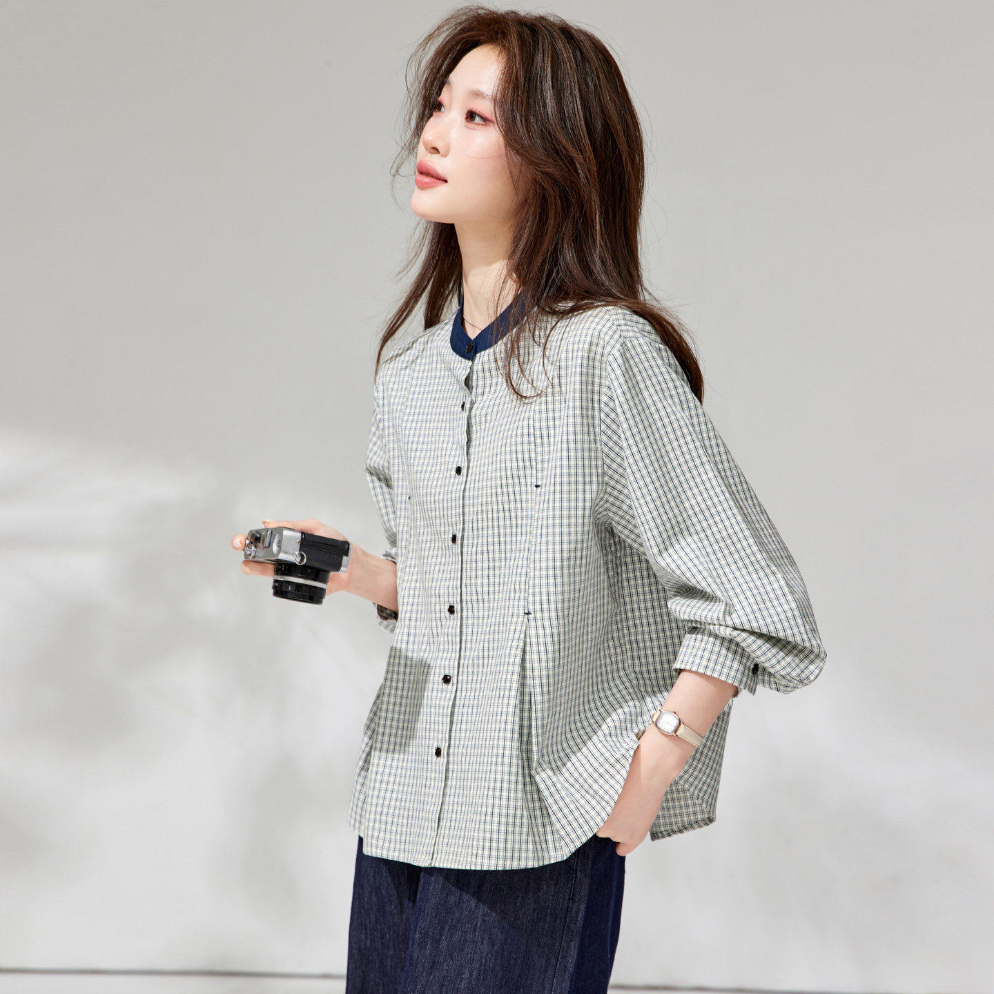 纯棉格子长袖衬衫女春装2026新法式高级感轻奢宽松减龄小个子上衣