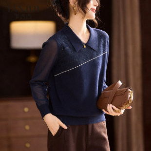 气质翻领亮片针织衫 单穿纱袖 女中老年时尚 春秋季 T恤 女装 妈妈春装