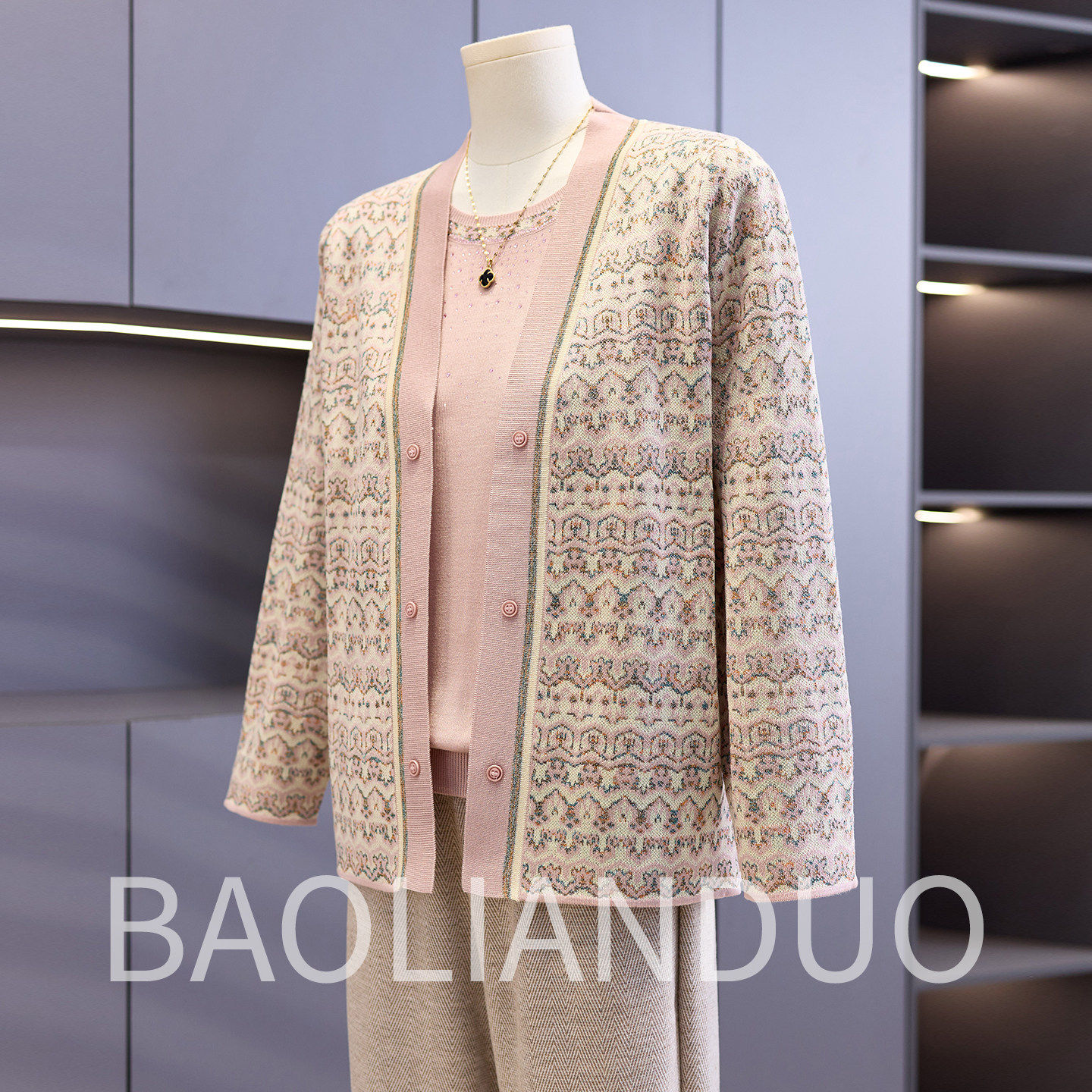 洋派妈妈春装针织两件套中年女装短袖内搭中老年2026春季印花外套