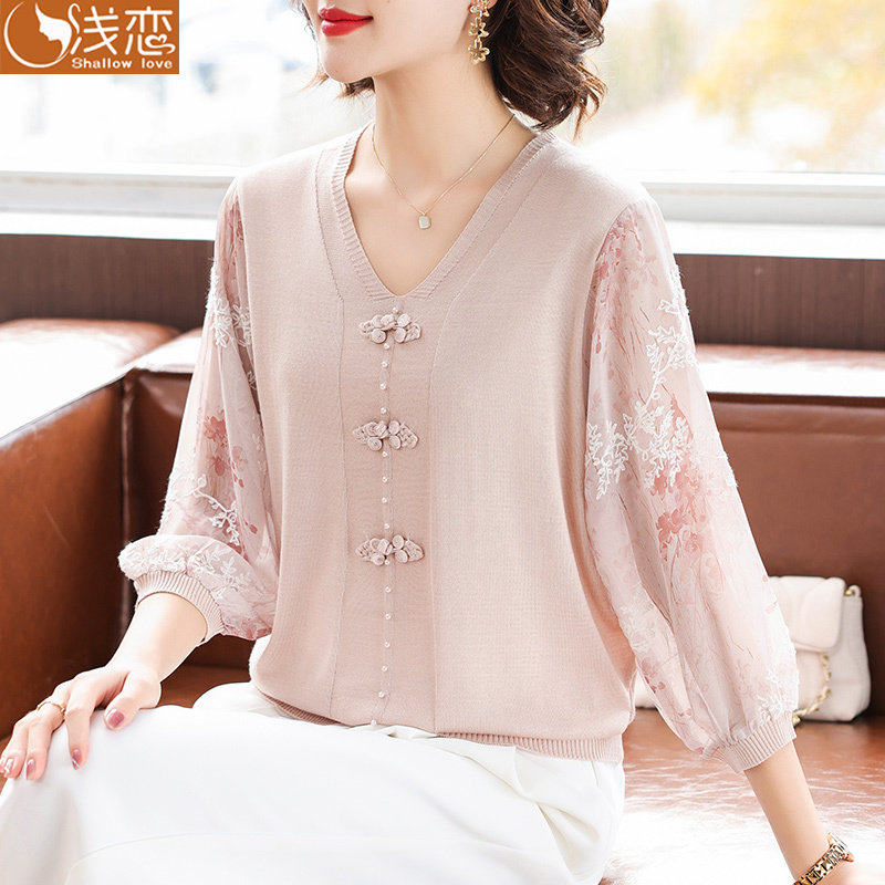 妈妈洋派高贵打底小衫中年女装春装长袖T恤中老年春秋盘扣薄上衣