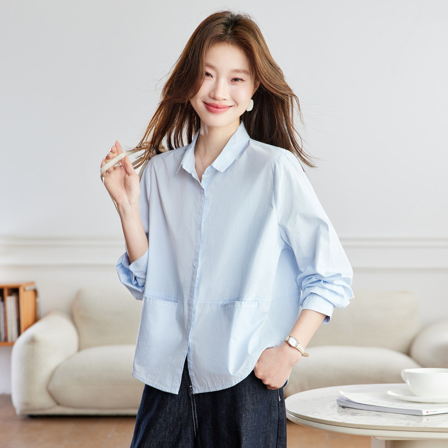 2026春秋新款纯棉韩式休闲风长袖衬衫女宽松通勤上衣小个子衬衣女