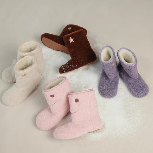 法国秋冬软底女童星星笑脸刺绣加绒套筒羊羔毛保暖可爱毛毛雪地靴