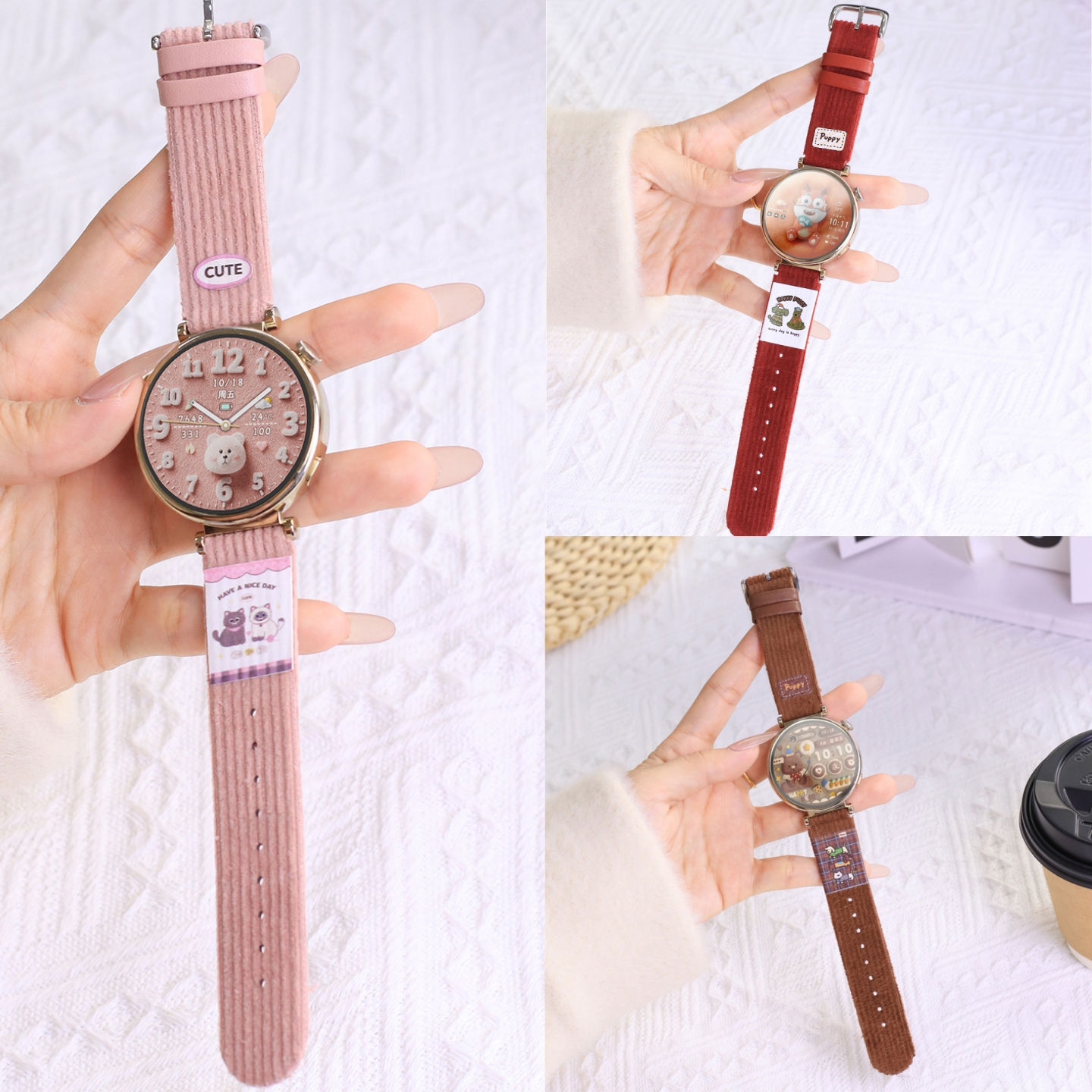 适用三星手表watch6 classic表带秋冬灯芯绒watch7腕带新款5PRO/4女生HelloKitty织唛GearS2S3男士Galaxy配件