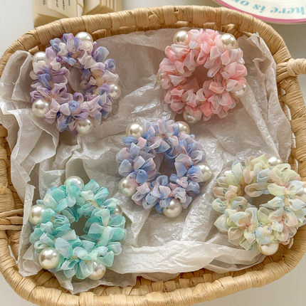 手作新款甜美扎染珍珠小肠发圈高级百搭丸子头花女孩马尾发圈饰品