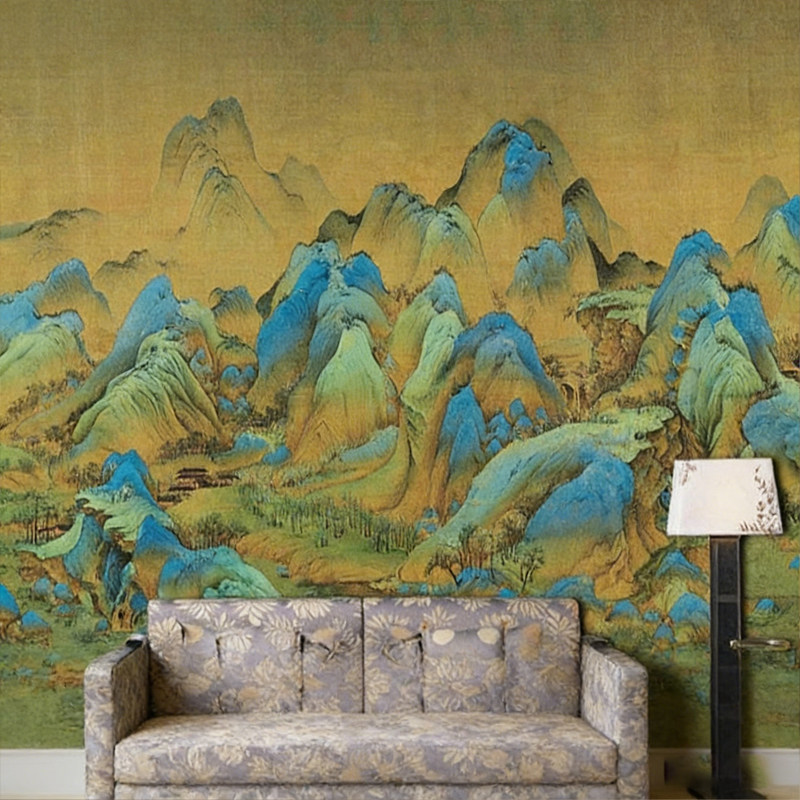 千里江山图壁纸中式古典山水国画墙纸饭店餐厅酒店包厢背景墙壁画