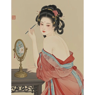 古代美女画眉图客厅卧室室内墙面海报壁纸仕女图墙纸新中式