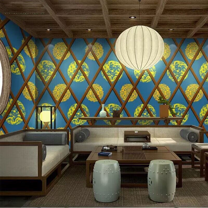 中式饭店包间壁纸蒙古包花纹格式墙纸烤全羊餐厅壁画无缝无纺墙布