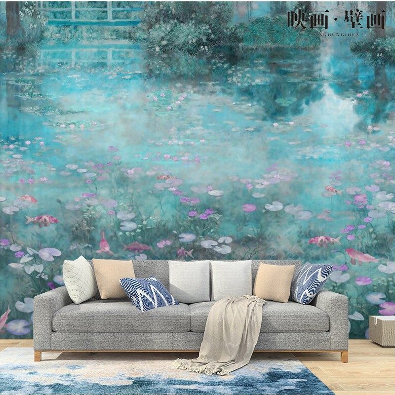 北欧手绘油画田园壁纸莫奈睡莲风景壁画客厅电视背景墙纸无缝墙布