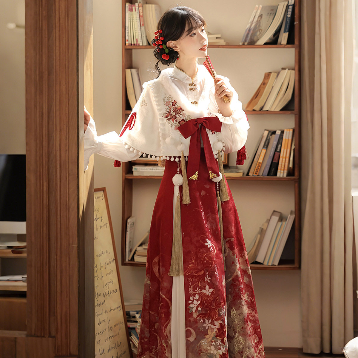 原创金鱼纳福汉服女国风汉元素新中式披肩上衣半裙套装百搭气质