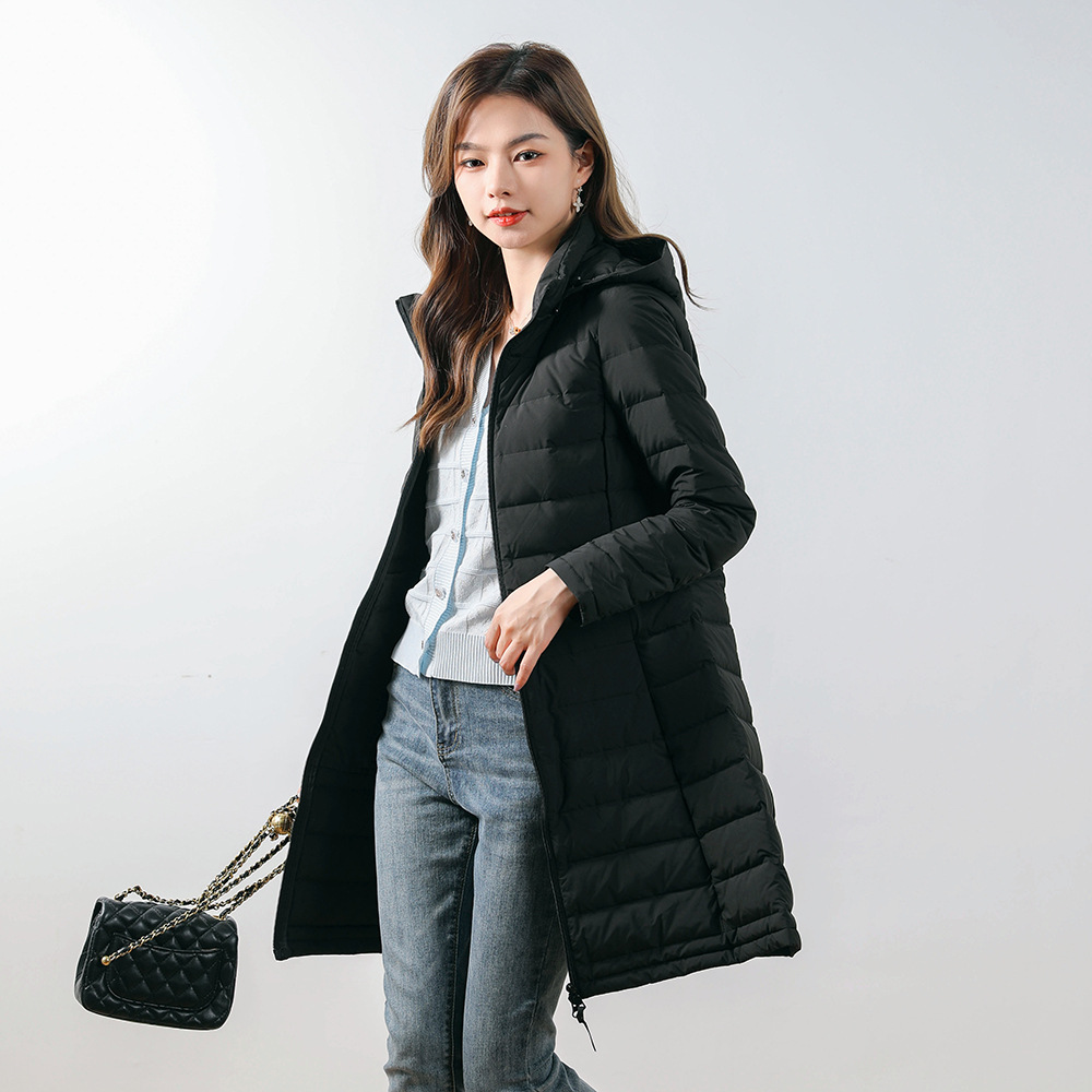 新款女式90绒纯色女装连帽带帽无缝羽绒服中长款大码外套加厚冬季
