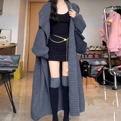 风衣外套女长款高个子法式复古翻领毛衣女针织开衫宽松慵懒风针织