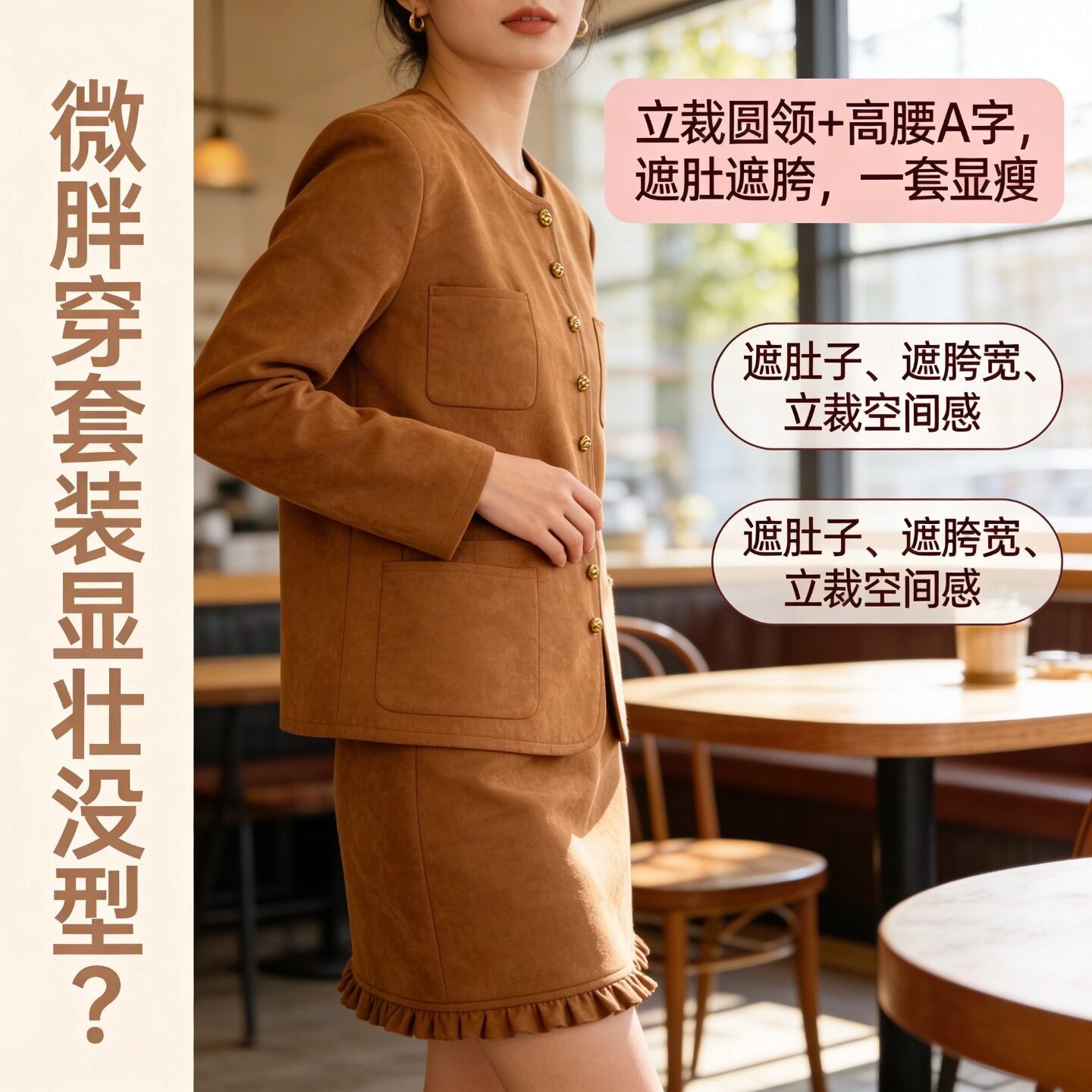 胖mm苹果型身材套装仿麂皮绒外套半身裙两件套高腰长袖显瘦圆领潮