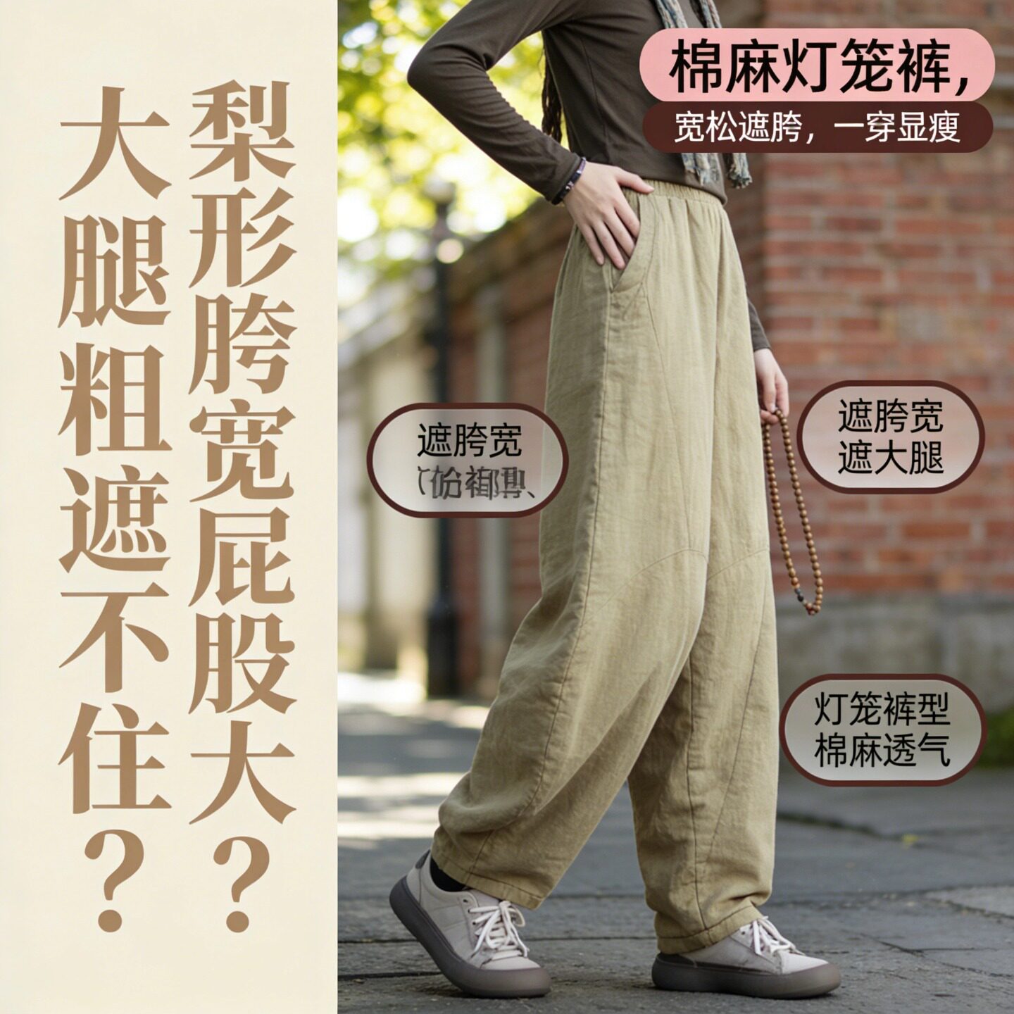 梨型身材裤子粗腿宽胯屁股大胖mm苎麻砂炒做旧灯笼裤棉麻太极裤潮
