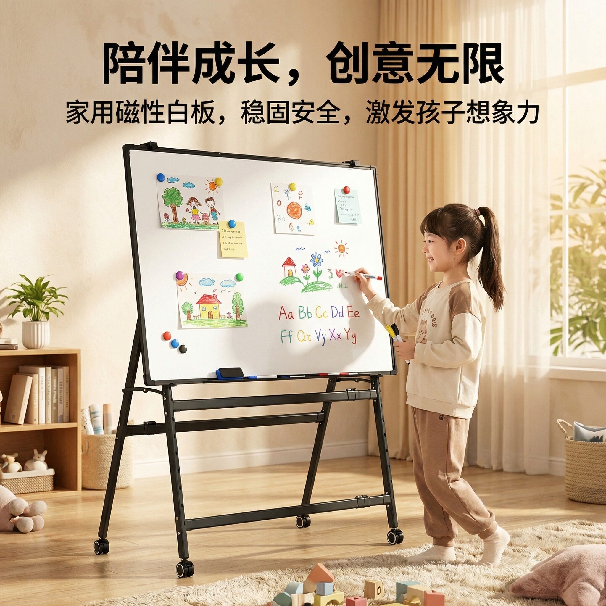 黑板家用教学可折叠磁性白板磁吸展示板支架式写字板儿童家用教学培训大白板绿板可擦双面留言板移动小黑板