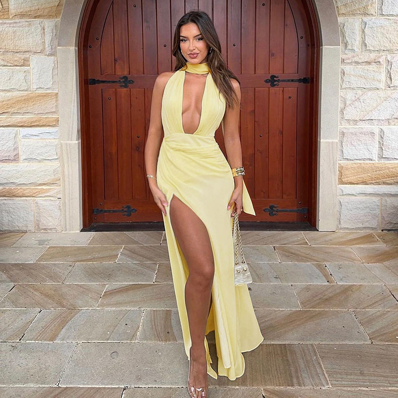 WQ25047欧美风U领挂脖绑带缩褶开叉连衣裙2025夏季新款性感长裙女