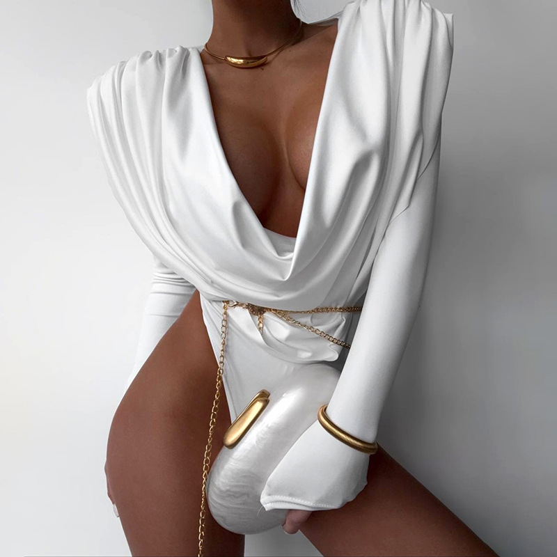 q25bs422欧美新款女装性感辣妹风纯色荡领紧身款长袖连体衣