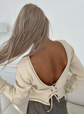 M23TP592欧美女装秋冬新款新款V领长袖绑带露脐毛织上衣T恤针织衫