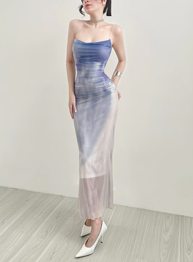 JY24384夏季2024新款 甜美气质御姐修身渐变印花网纱吊带连衣裙女