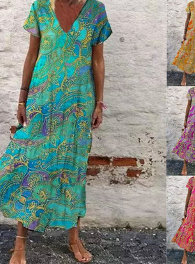 2024新款 欧美外贸boho花卉v领短袖款长连衣裙女