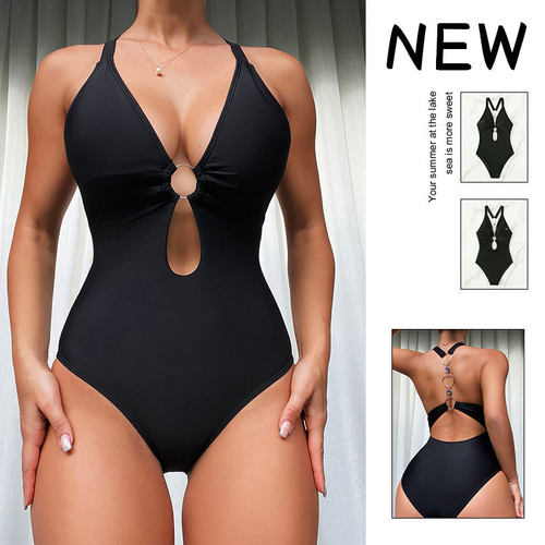 2026新款欧美纯色挂脖泳装一体式沙滩连体泳衣性感bikini