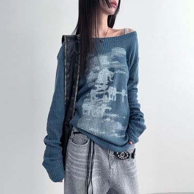 欧美风2024秋季新款女装性感辣妹露肩宽松艺术印花长袖上衣