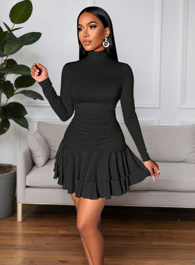 欧美高领修身针织连衣裙女黑色腰间接褶双层荷叶边短款裙子