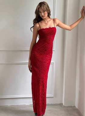 女装时尚法式气质高级感红色蕾丝抹胸吊带连衣裙修身包臀长裙