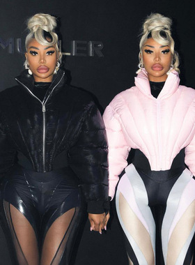 Y23TP407欧美女装冬季新款纯色翻领拉链长袖束腰面包服棉服棉衣女