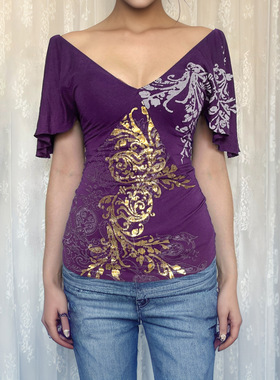 美式复古风V领荷叶袖收腰紫色印花修身T恤vitage时尚休闲上衣