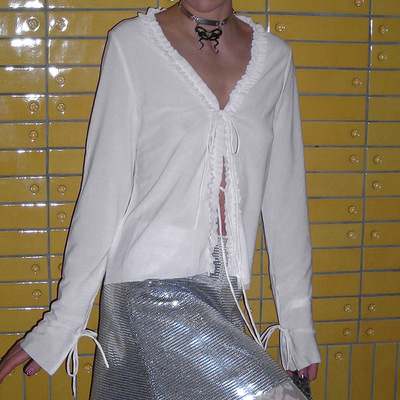 Y23TP354欧美女装秋季新款花边V领开衫系带长袖网纱宽松上衣T恤女