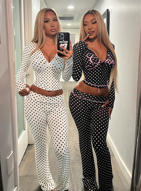 JY25531欧美风性感波点连帽拉链上衣长裤套装女 2025秋季新款女装