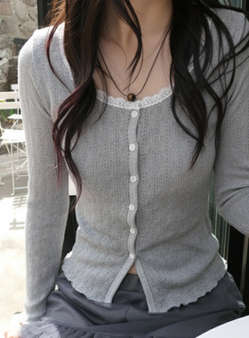 法式少女蕾丝拼接单排扣灰色开衫长袖T恤小众设计感修身显瘦上衣