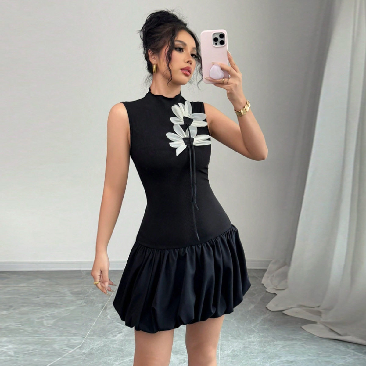 060155dbz专供2025秋季新品爆款气质撞色立体装饰 连衣裙