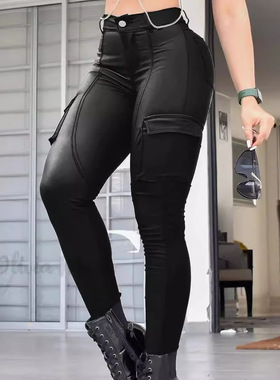 2024欧美时尚口袋低腰长皮裤 黑色哑光紧身休闲裤长裤