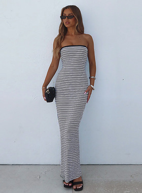 YL25179PFO欧美新款抹胸裙 气质收腰包臀裙 修身条纹辣妹连衣裙